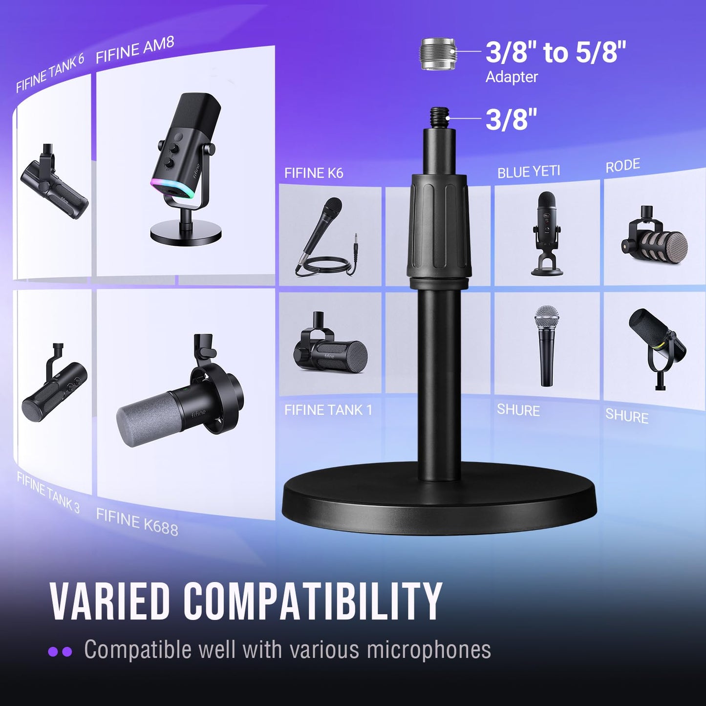 FIFINE Desktop Microphone Stand, Heavy-Duty Metal Adjustable Table Mic Stand with 5/8" Male to 3/8" Female Screw Adapter, 4 Non-Slip Pads Compatible