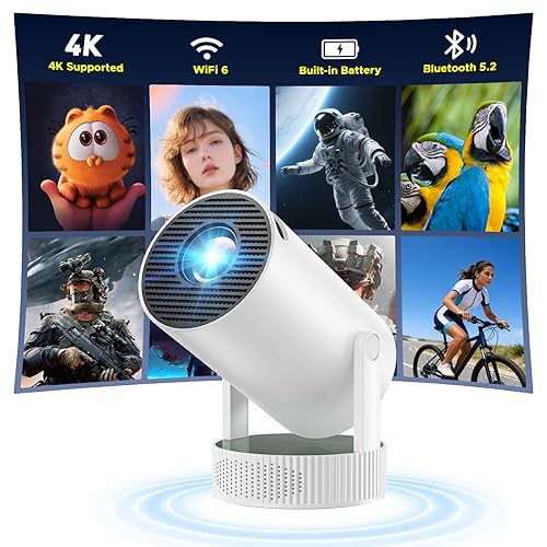 Mini Projector with WiFi and Bluetooth, Portable Projector built-in Battery Supported 4K, Auto Keystone, 220° Rotation Outdoor Projectors Compatible