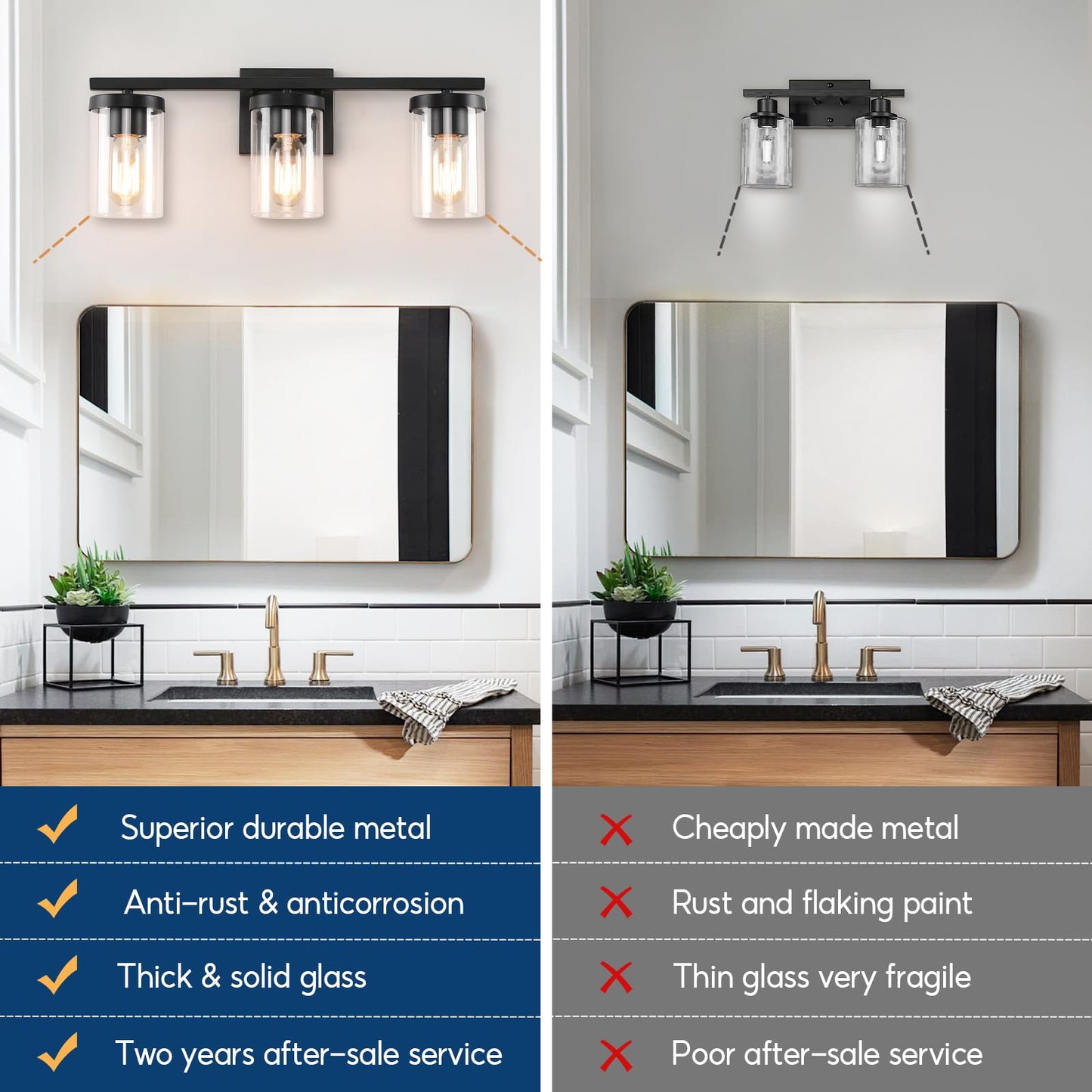 Kiloeye 20in Bathroom Light Fixture Over Mirror, 3-Light Matte Black Vanity Lights with Clear Glass Shades, Modern Wall Sconces for Living Room