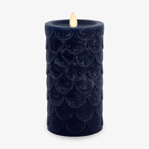 Luminara Embossed Fish Scale Flameless LED Candle, Midnight Blue, 3.25" x 6.5", Moving Flame Pillar, Battery Operated with Timer, Indoor