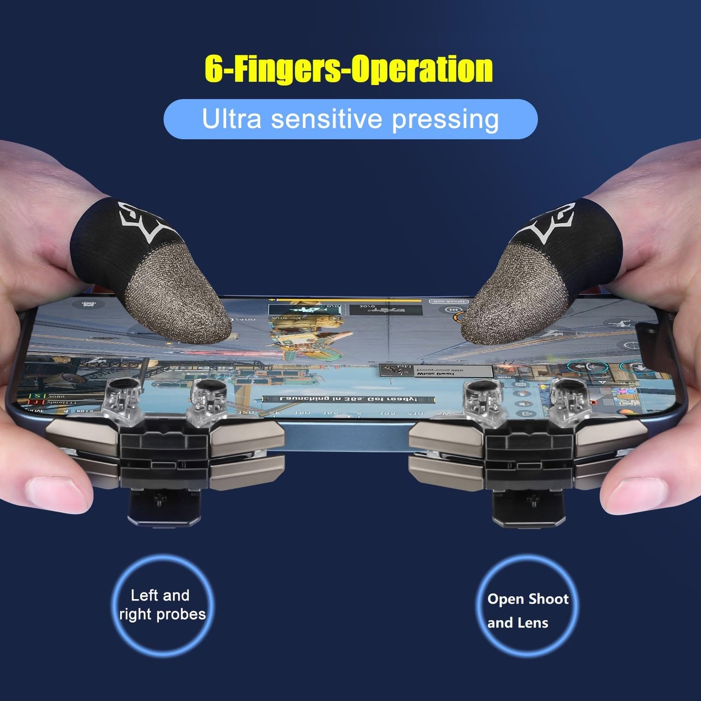 Improved Conductive Mobile Game Trigger Clip Design, Combo 2in1 with Silver Fiber Thumb Gloves, 6 Finger Shoot for All Phone, for PUBG/Fortnite/COD