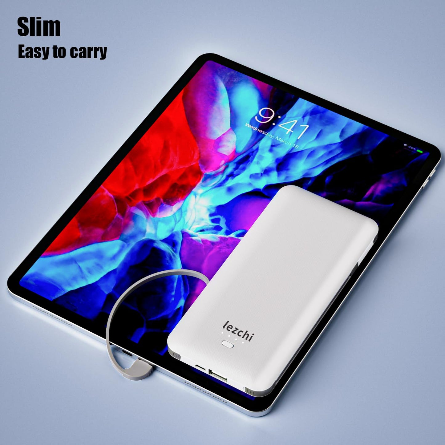 lezchi Portable Power Bank, Ultra Slim 10000mAh Portable Charger, USB C External Battery Pack with Built-in AC Plug, Charging Cable, Output Port