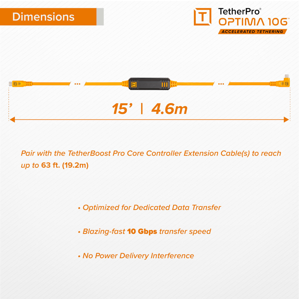 TetherPro Optima 10Gbps Gen 2 USB-C, 15' (4.6m), Straight to Right