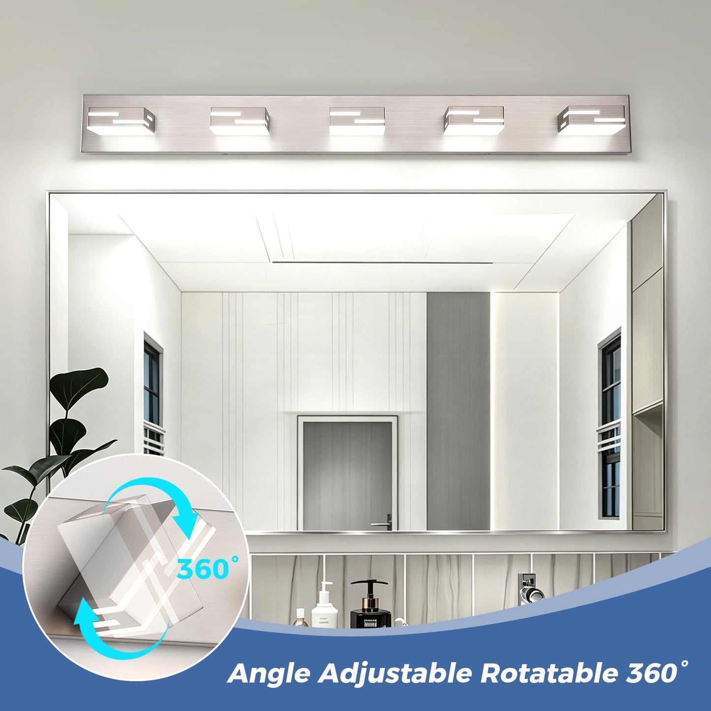 MKBNG 5-Light Modern Bathroom Vanity Light Fixtures, 40-Inch 350° Rotatable LED Vanity Lights Over Mirror, Dimmable 5500K Natural White Brushed Nickel
