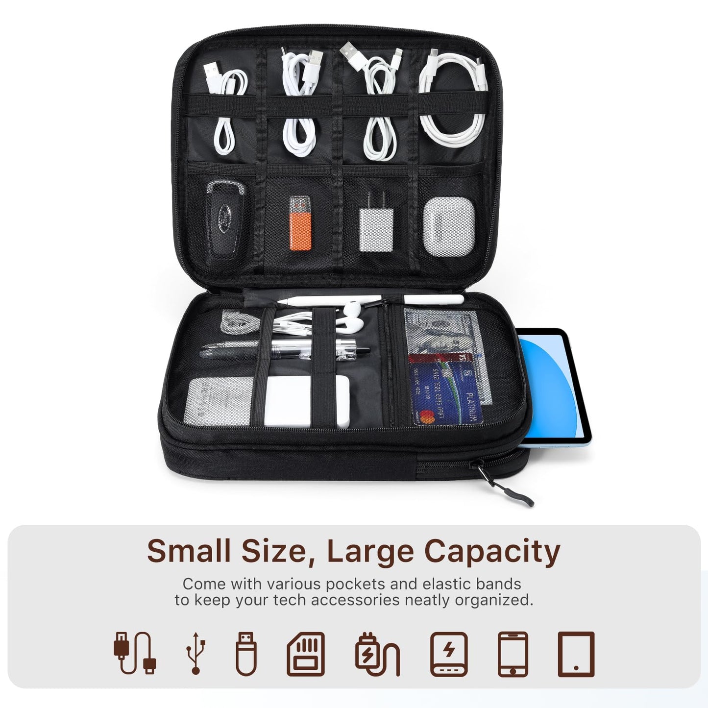 Dadanism Electronics Travel Organizer Case, Double Layers Cord Organizer Travel All-in-One Storage Bag for Cable, Cord, iPad, Chargers, fits 9-11''