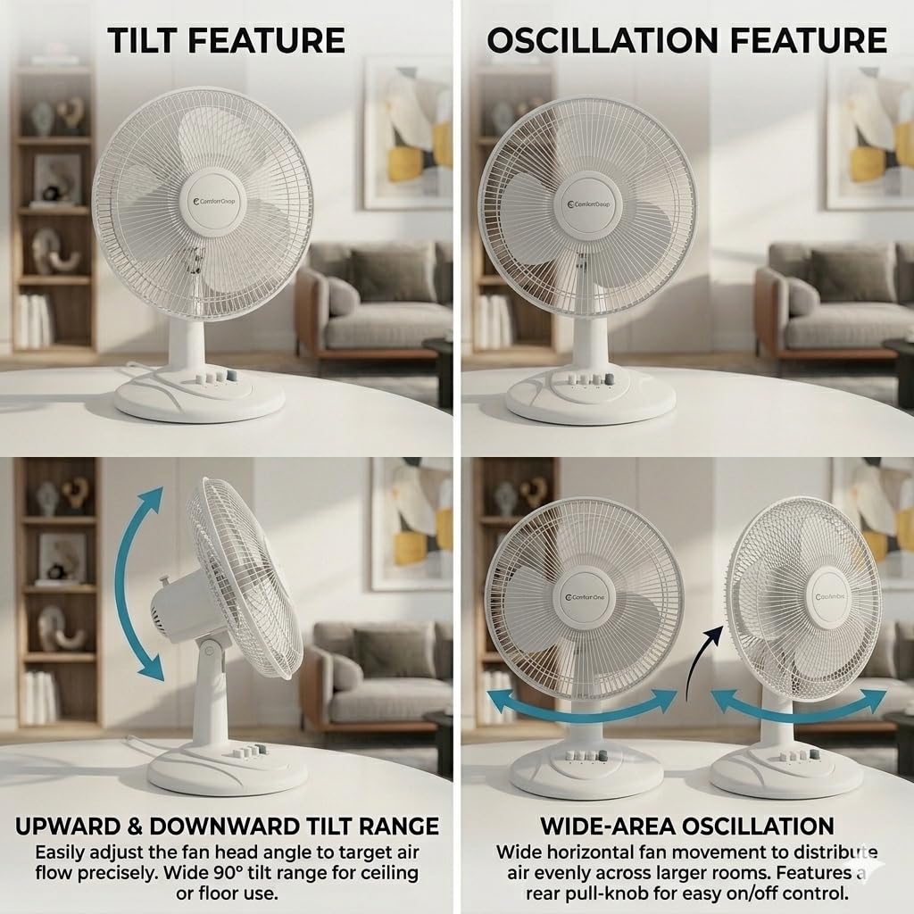 Comfort Zone Oscillating Table Fan with Adjustable Tilt, Convenient Push Button Controls, Quiet, 16 inch, 3 Speed, Desk Fan, Airflow 15.75 ft/sec