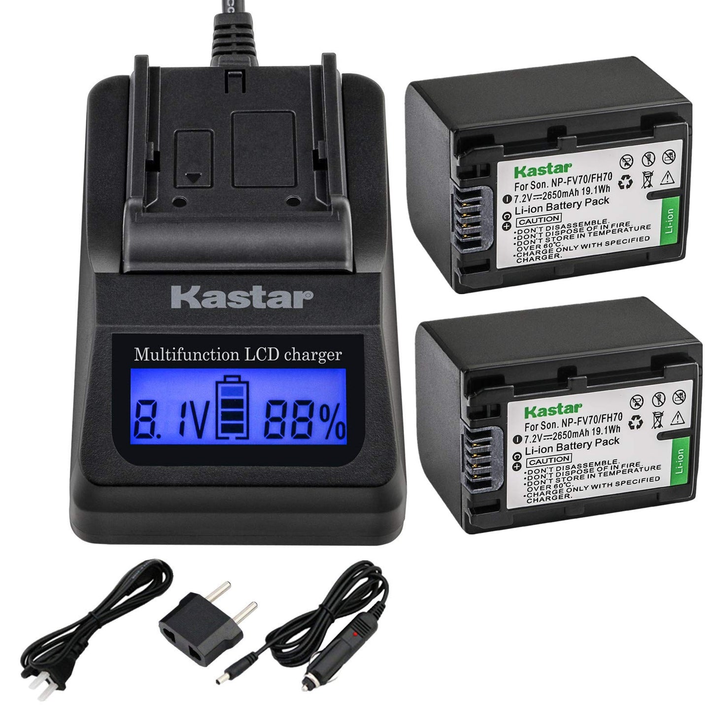 Kastar Fast Charger + NPFH70 Battery (2-Pack) Replacement for Sony NP-FH100, FH60, FH70, NP-FH90, DCR-DVD405 407E 408 410E 450 602E 650E DCR-HC96