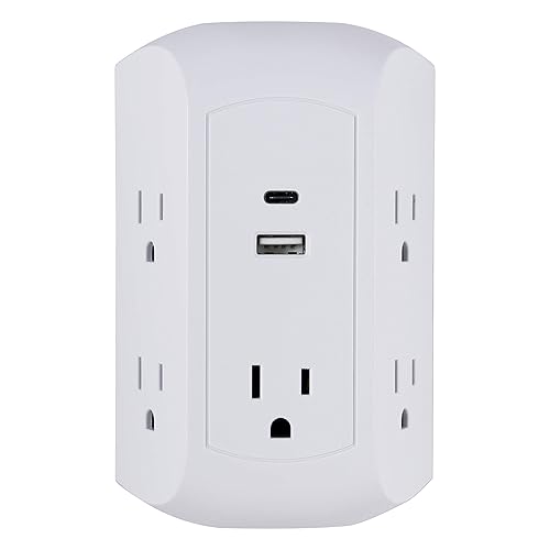 GE UltraPro 5-Outlet Extender with USB and USB-C Port, Surge Protector, Spaced Wall Tap, Side-Access, Charging Station, for iPhone/iPad/Samsung