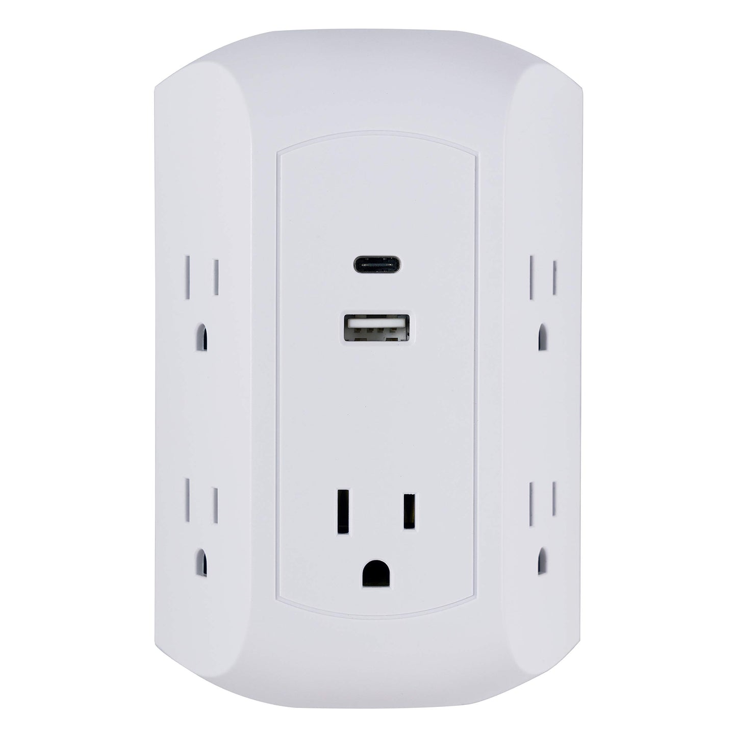 GE UltraPro 5-Outlet Extender with USB and USB-C Port, Surge Protector, Spaced Wall Tap, Side-Access, Charging Station, for iPhone/iPad/Samsung