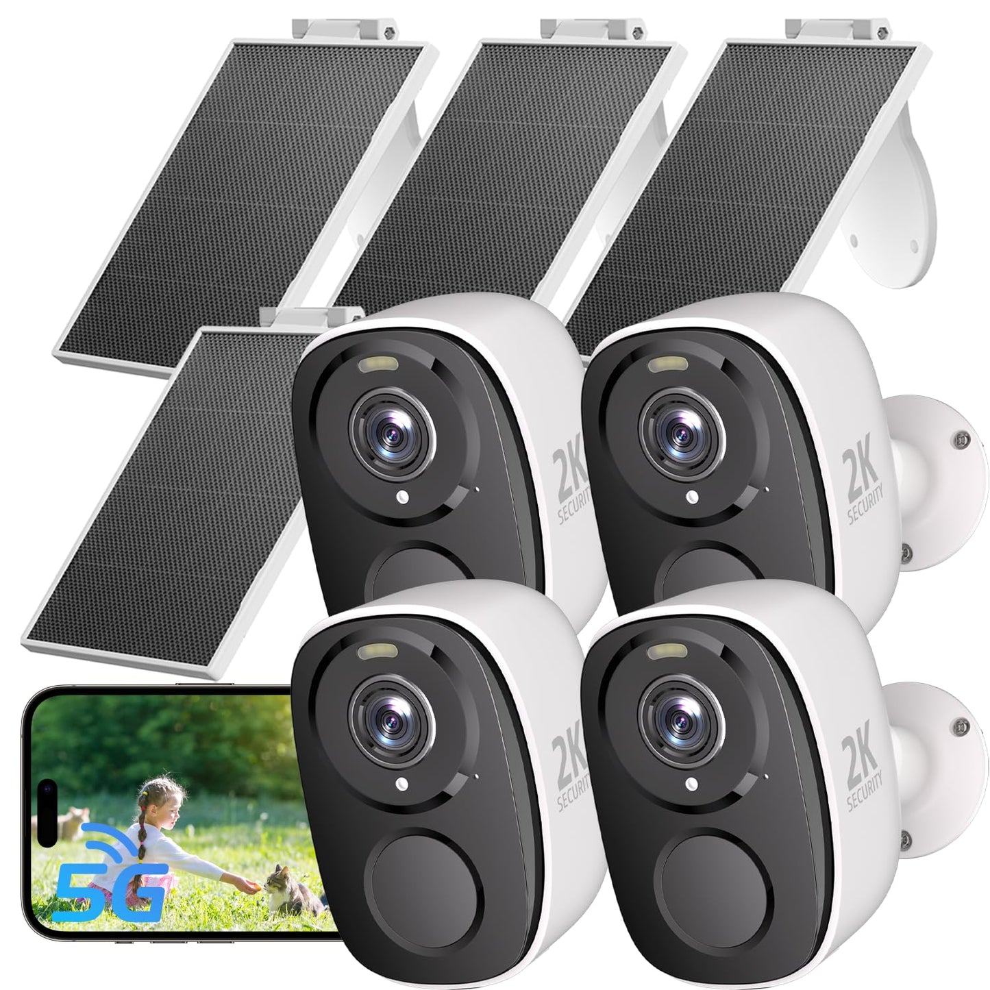 ELECCTV 2.4&5ghz WiFi Solar Security Cameras Wireless Outdoor,2K QHD Home Security System, 4 Cameras Kit with 130° Ultra-Wide View, 2-Way Talk
