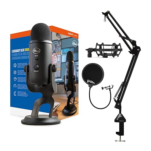 Blue Yeti Microphone (Blackout) Bundle with Boom Arm Stand, Pop Filter and Shock Mount (4 Items)