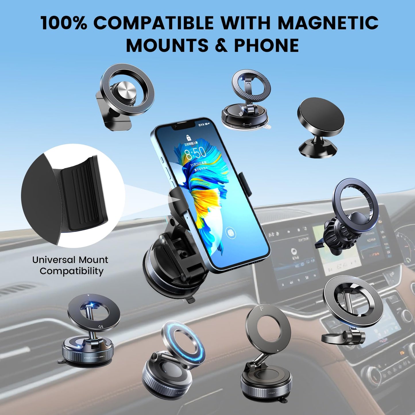 Phone Clamp for Magnetic Car Phone Holder, Aviation Aluminum Black - No Magnetic Case & Rings Needed, Enhanced Suction & Magnetic, Compatible with All