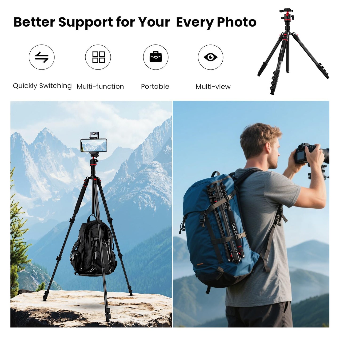 Camera Tripod, Lightweight Travel Outdoor DSLR Tripods Aluminum Tripod/Monopod, 360°Ball Head Detachable, Tripod for iPhone, ipad, DSLR,Tablet