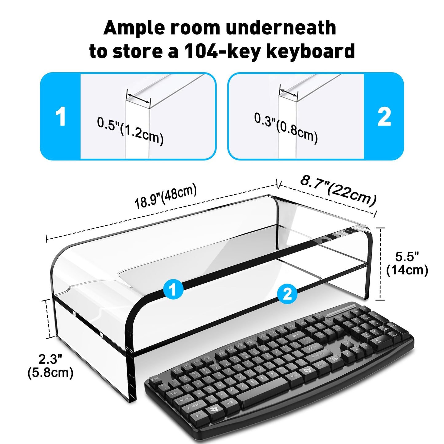 AboveTEK 2-Tier Acrylic Monitor Stand, Computer Riser for Home Office, Clear Monitor Riser for Keyboard Storage, 18.9" x 8.7" Multi Monitor Desk Stand