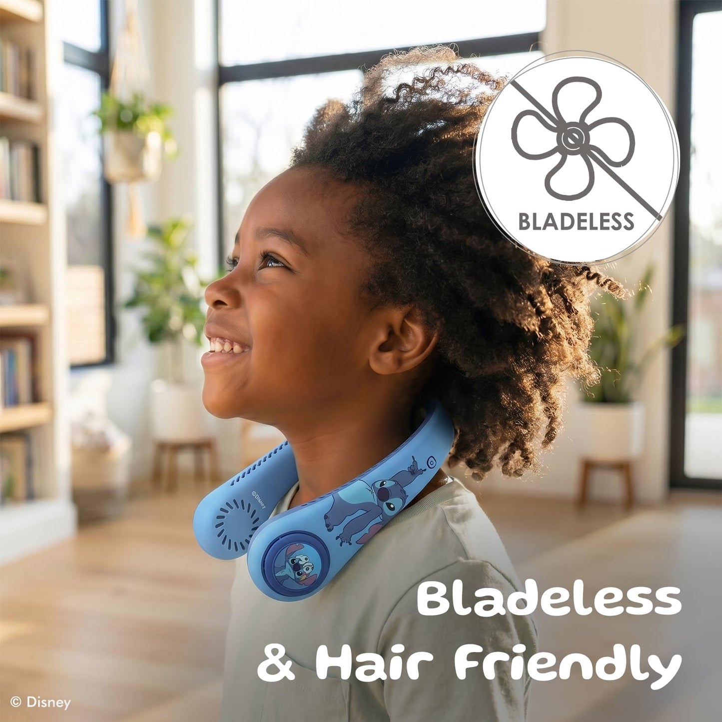 Disney Lilo and Stitch Portable Neck Fan| Bladeless Hands-Free Fan with 5 Speeds, Rechargeable Wearable Cooling Fan for Travel & Summer| Lightweight