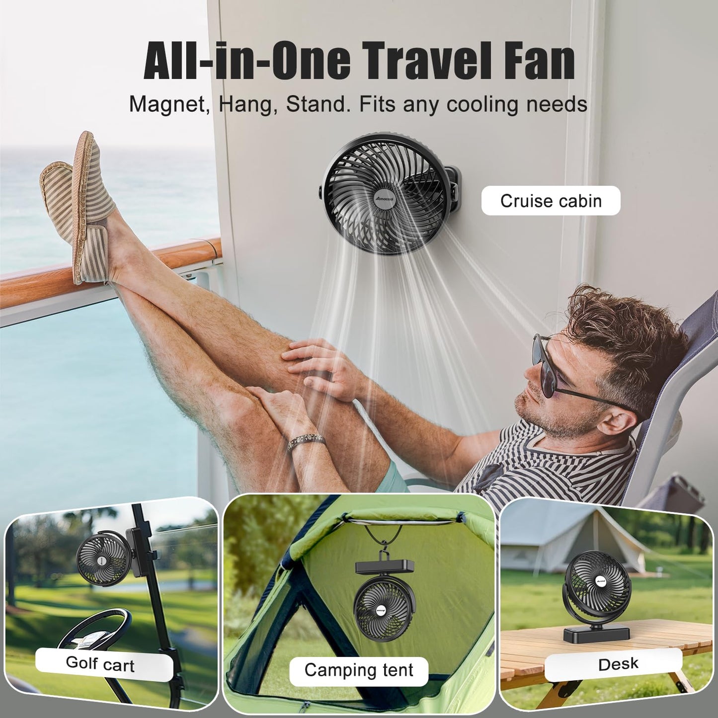 AMACOOL 10000mAh Magnetic Cruise Golf Cart Fan, Max 35H Running, Ultra-Compact, Birthday Golf Gifts for Men Dad Him Husband BBQ Grill, Camping Cruise
