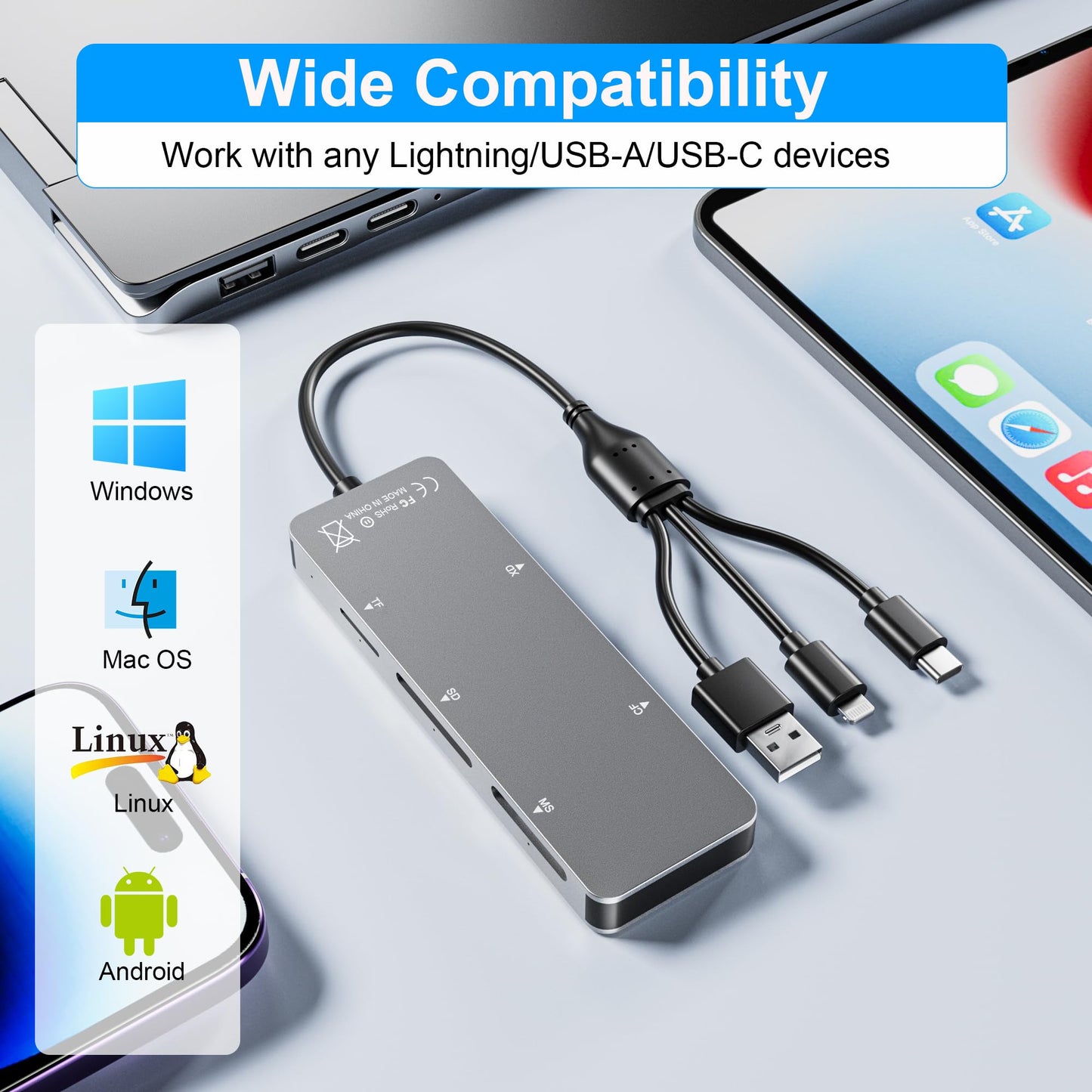 Memory Stick pro Duo Adapter 5-in-1 Multi Memory Card Reader Supports SD/TF/CF/MS/XD Picture Card for PC/USB-C/iPhone, Lightning+USB A+USB C Memory