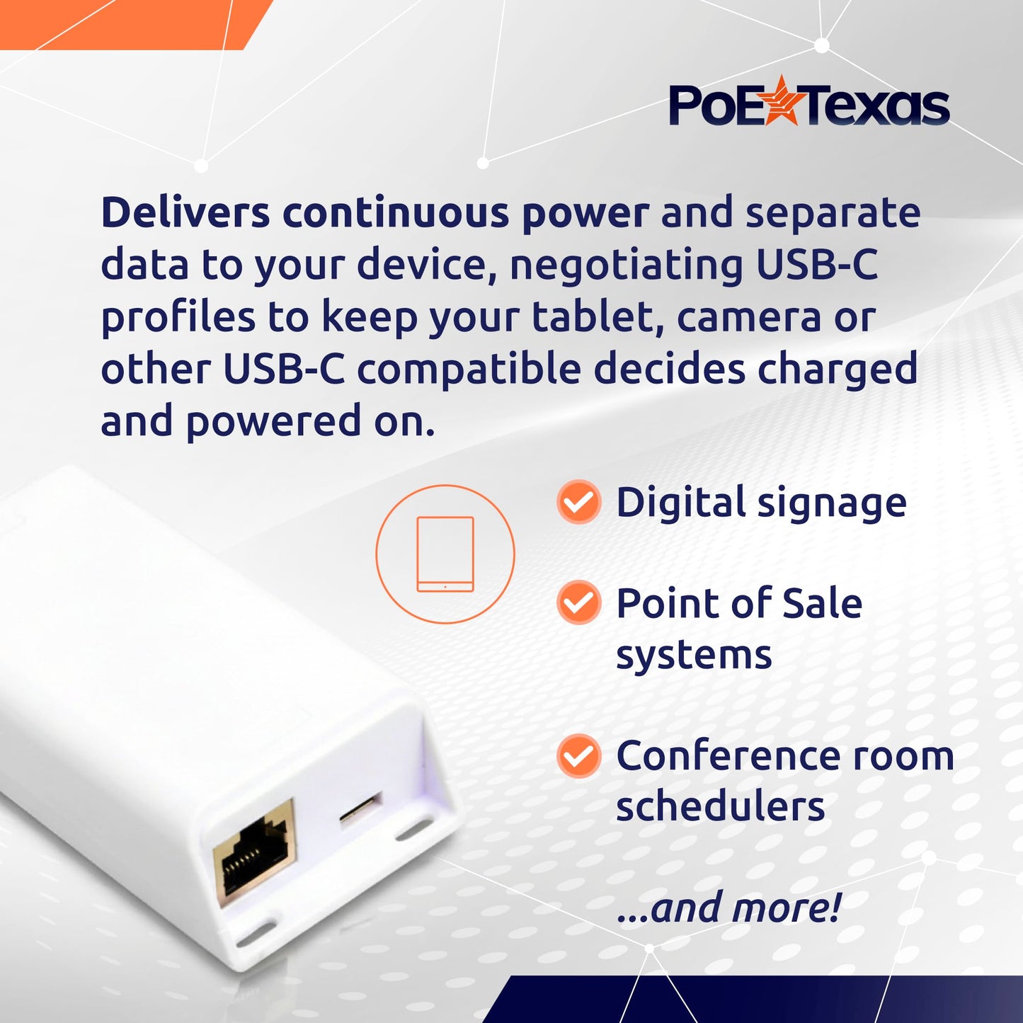 PoE Texas PoE+ Power and Separate Gigabit Data, Compatible with Google Mesh, Eero, Nest Cam, Apple Pro, Air, & Mini Tablets, Google Pixel, Surface Go