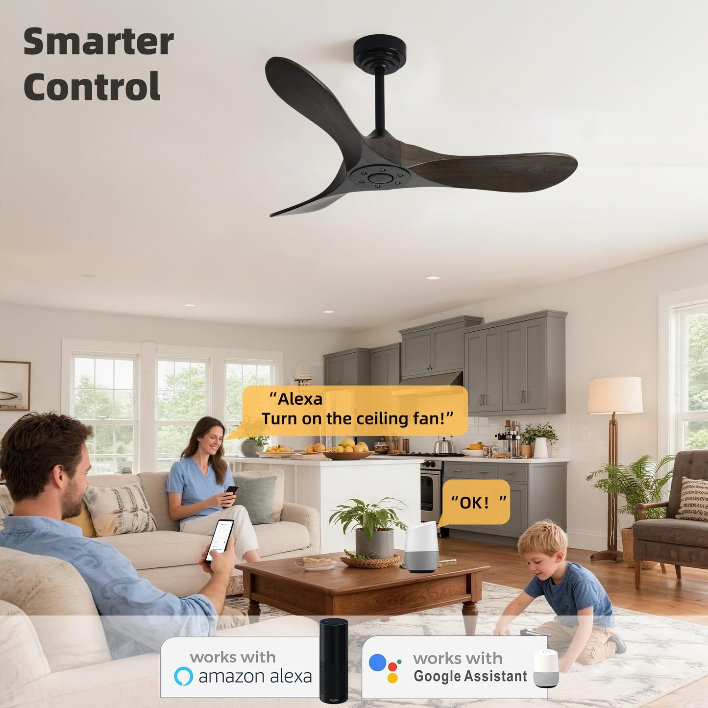 Homlit Outdoor Ceiling Fan Without Light, 42Inch Smart Ceiling Fan with Remote & Voice Control for Compatible with Alexa/Google, 3-Blade Wood Fan