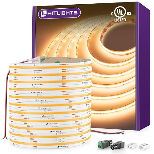HitLights COB LED Strip Lights Warm White 2700K, 32.8ft Premium High Density 24V Tape Light, 5120 LEDs, 350+ LM/FT, CRI 90+, IP30, Lighting