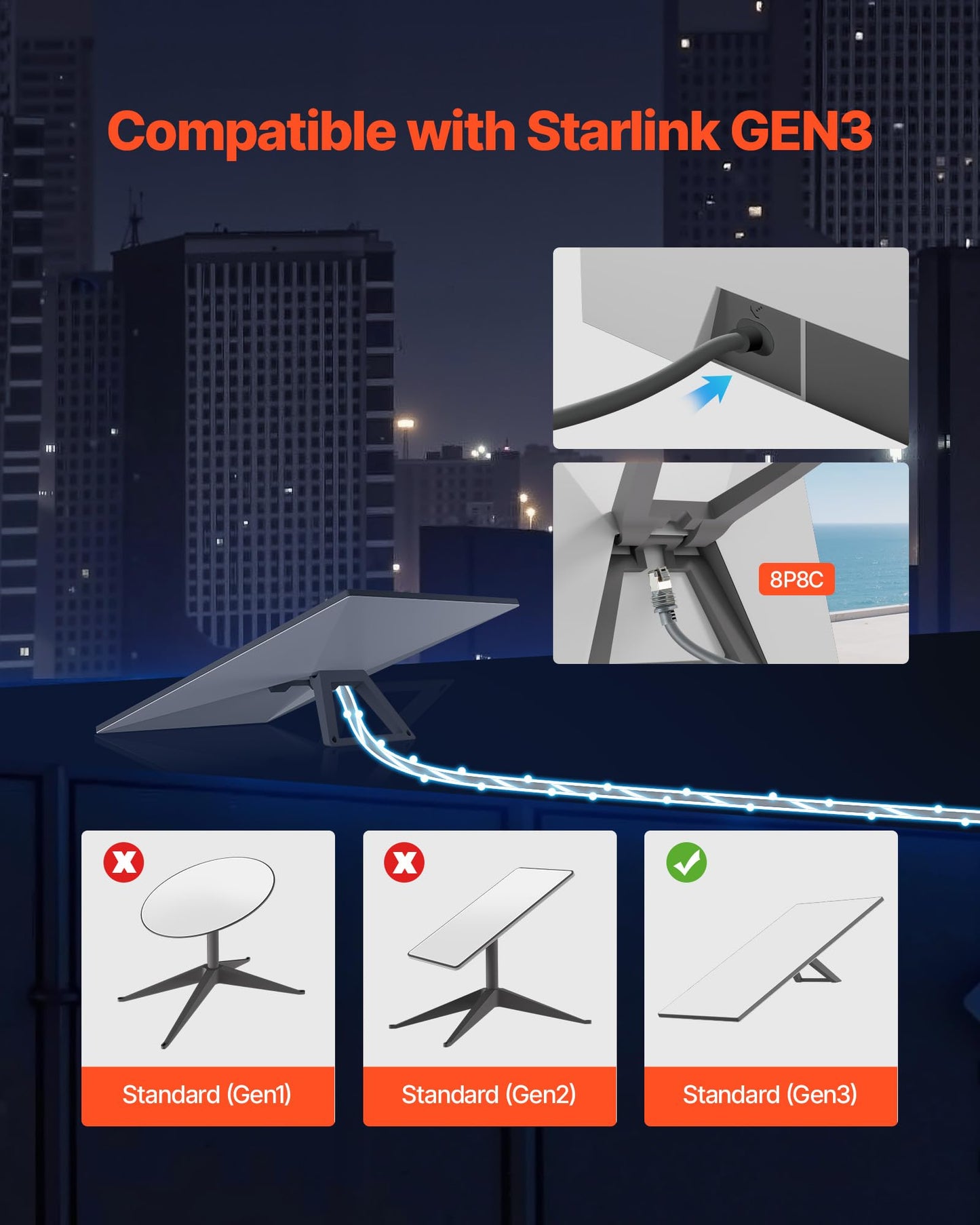 VEVOR Starlink Gen 3 Cable, 100 FT, 26 AWG Copper Core, Durable Extension Cable for Standard Generation 3, Compatible with Starlink Rectangular