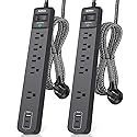 2 Pack Power Strip Surge Protector - 5 Widely Spaced Outlets 3 USB Charging Ports, 1875W/15A 6Ft Braided Extension Cord, Flat Plug Overload