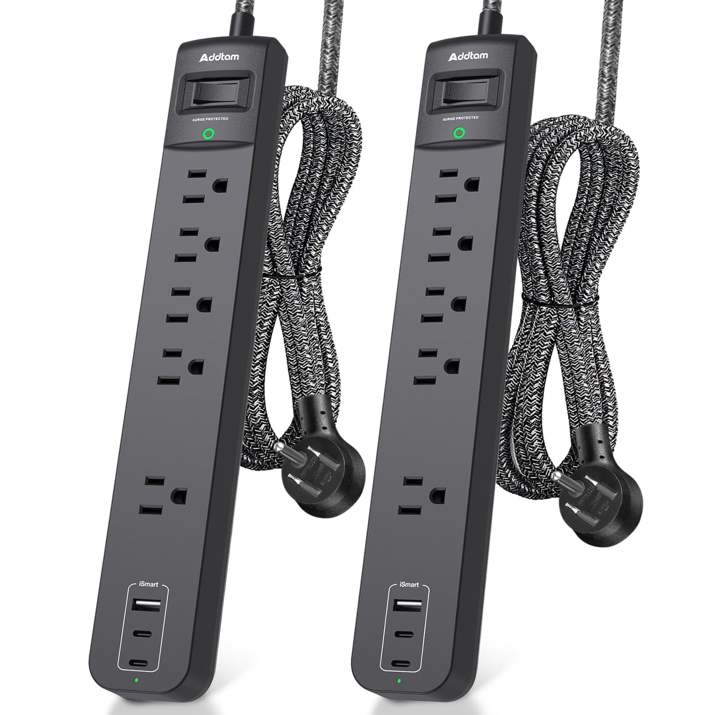2 Pack Power Strip Surge Protector - 5 Widely Spaced Outlets 3 USB Charging Ports, 1875W/15A 6Ft Braided Extension Cord, Flat Plug Overload
