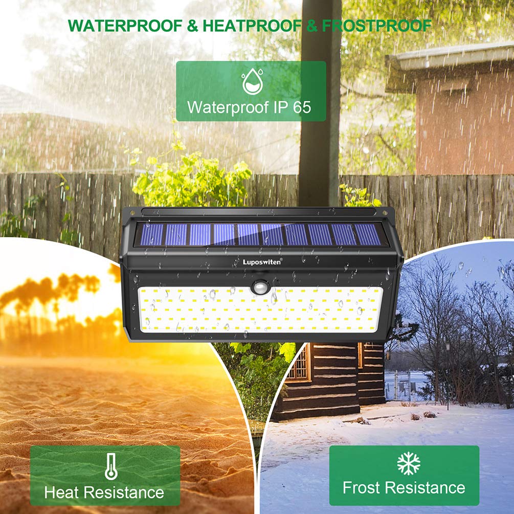Luposwiten 100 LED Solar Lights Outdoor Waterproof - 2000 Lumens Solar Motion Lights Outdoor with 125° Lighting Angle, Easy-to-Install for Front Door