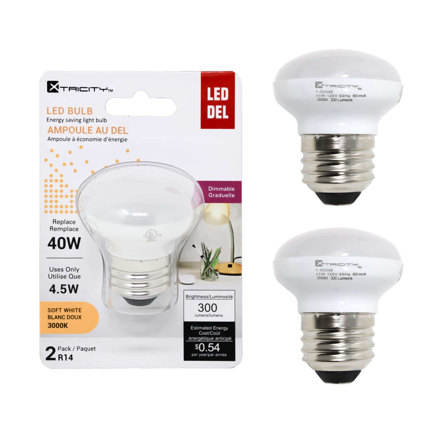 Xtricity R14 Dimmable LED Light Bulbs, E26 Base, 4.5W (40 Watt Equivalent), 3000k Soft White, 300 Lumens - Curio Cabinet Lighting, China Cabinet