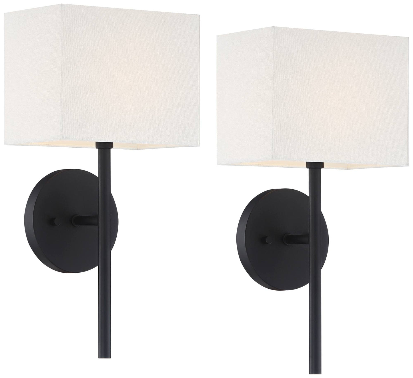 Possini Euro Design Favreau Modern Wall Light Sconces Set of 2 Black Hardwired 8" Fixture White Rectangular Linen Shade for Bedroom Living Family Room