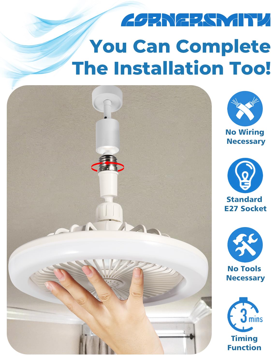 CornerSmith Enclosed Ceiling Fan with Light - Small 10-inch Bladeless Socket Fans with Remote Control, Dimmable LED Lights 3 Gear Wind Speeds