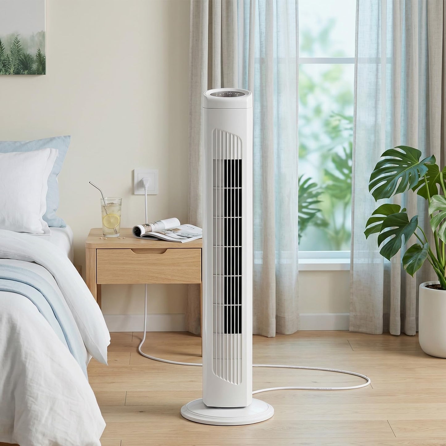 Pinikuyiro Tower Fan for Bedroom, 90° Oscillating Fans that Blow Cold Air, 3 Speeds,3 Modes, 7.5H Timer, Remote, Touch, 32" Standing Floor Fan