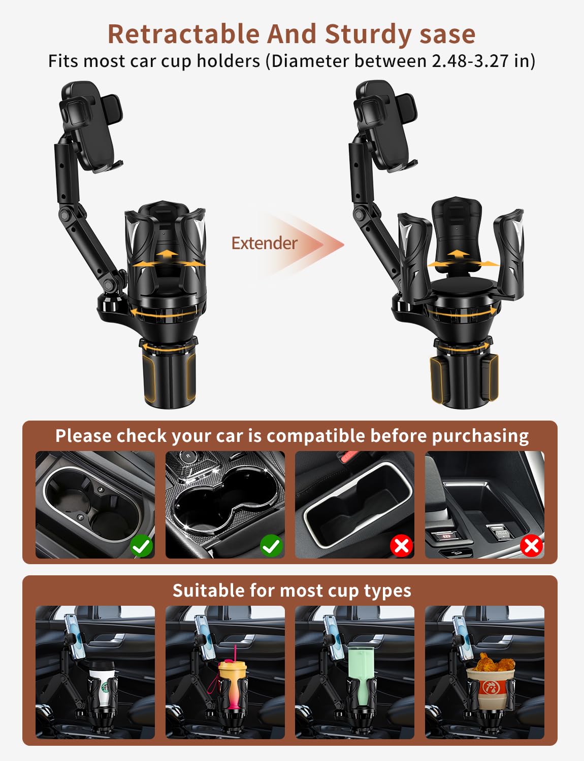 Phone Holders for Your Car, Adjustable Car Cup Holder Expander with Rubber Grip, Secure Hold, Multi-Scenario Use for Drivers, Commuters & Road Trips