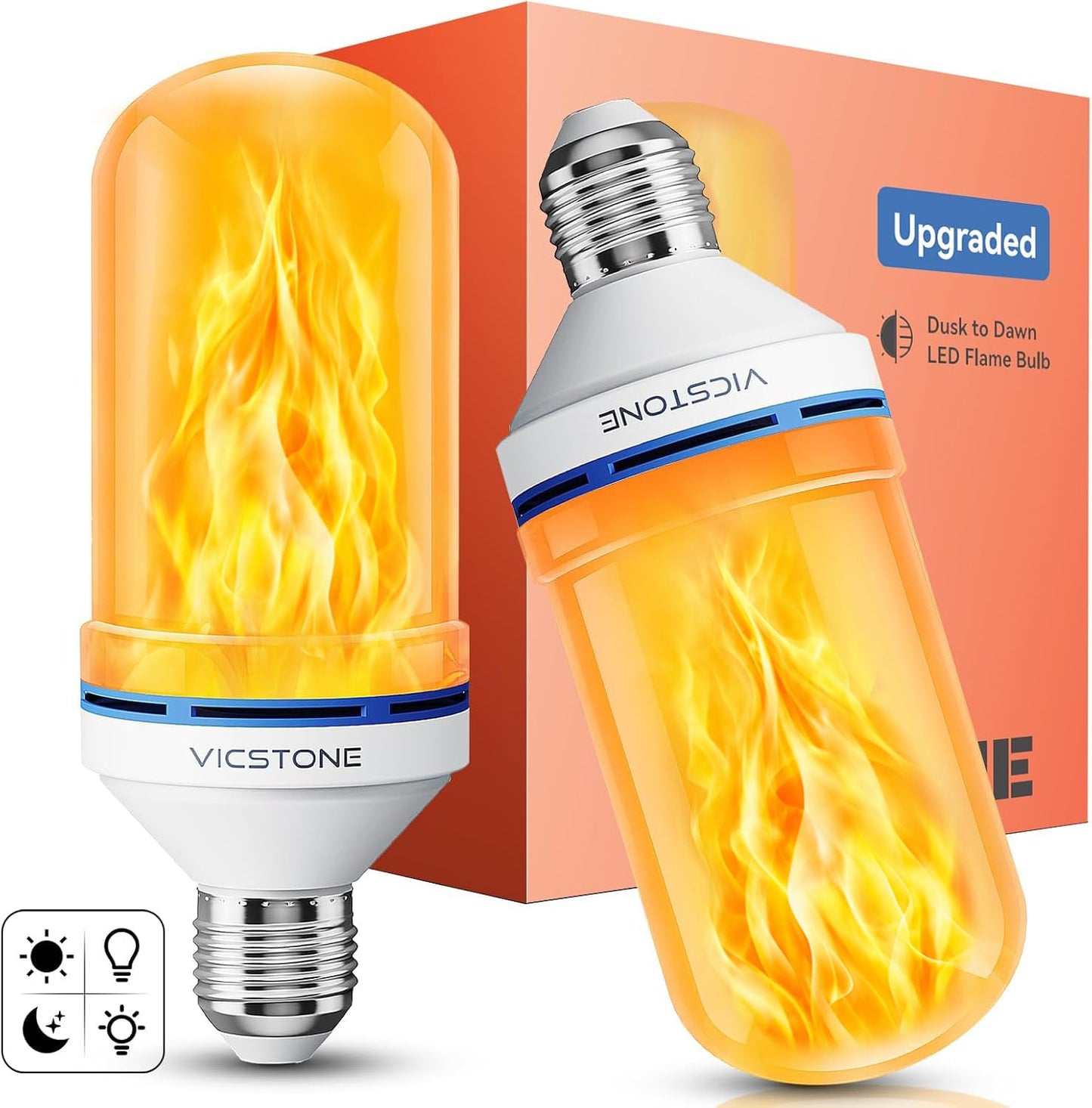 Vicstone Upgraded E26 Dusk to Dawn Flame Light Bulbs Outdoor, 4 Modes