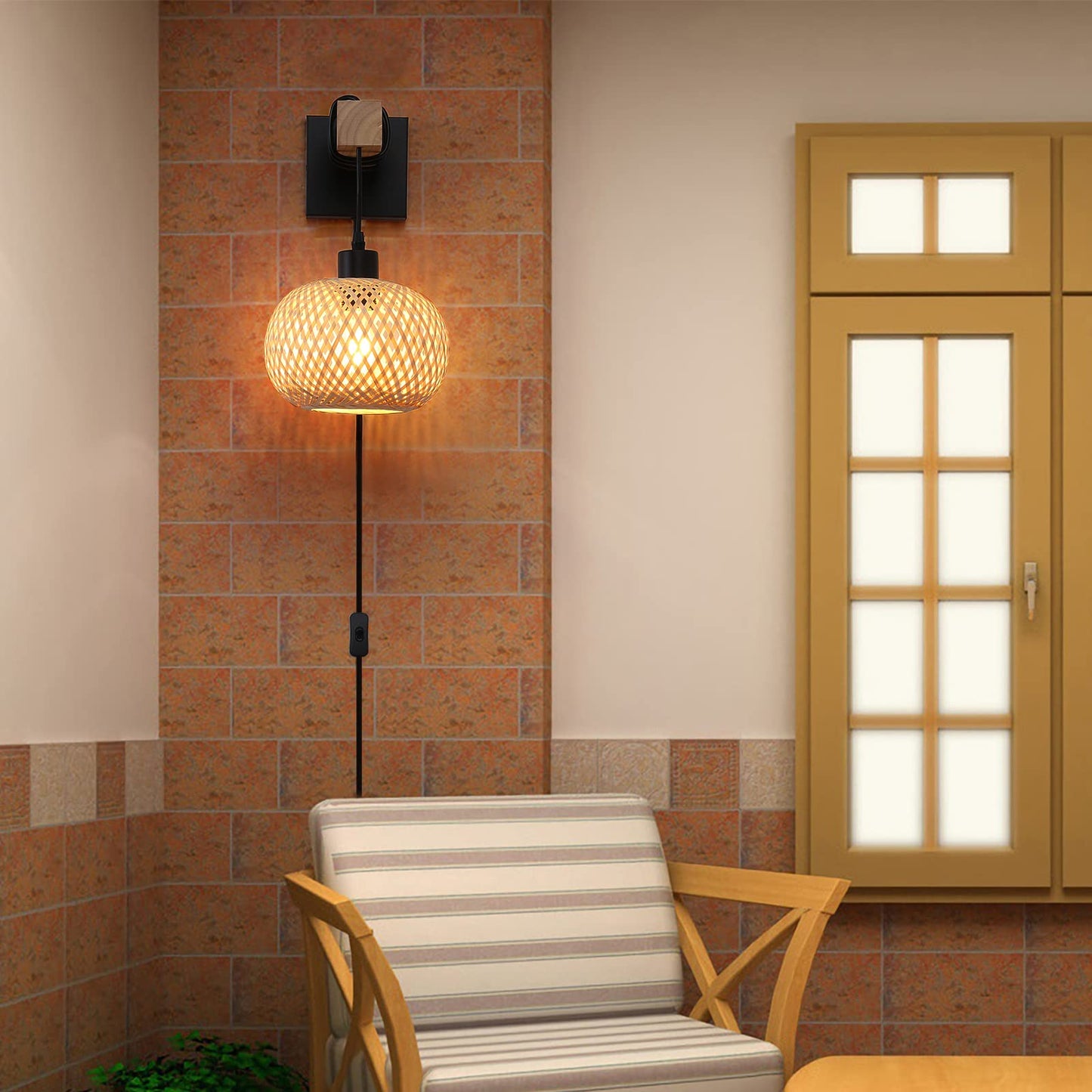 Farmhouse Rattan Plug in Wall Sconces, Rustic Hand-Woven Bamboo Shade & Wood Beam Wall Light Fixtures, Rattan Bamboo Wall Lamp for Bedroom Bedside