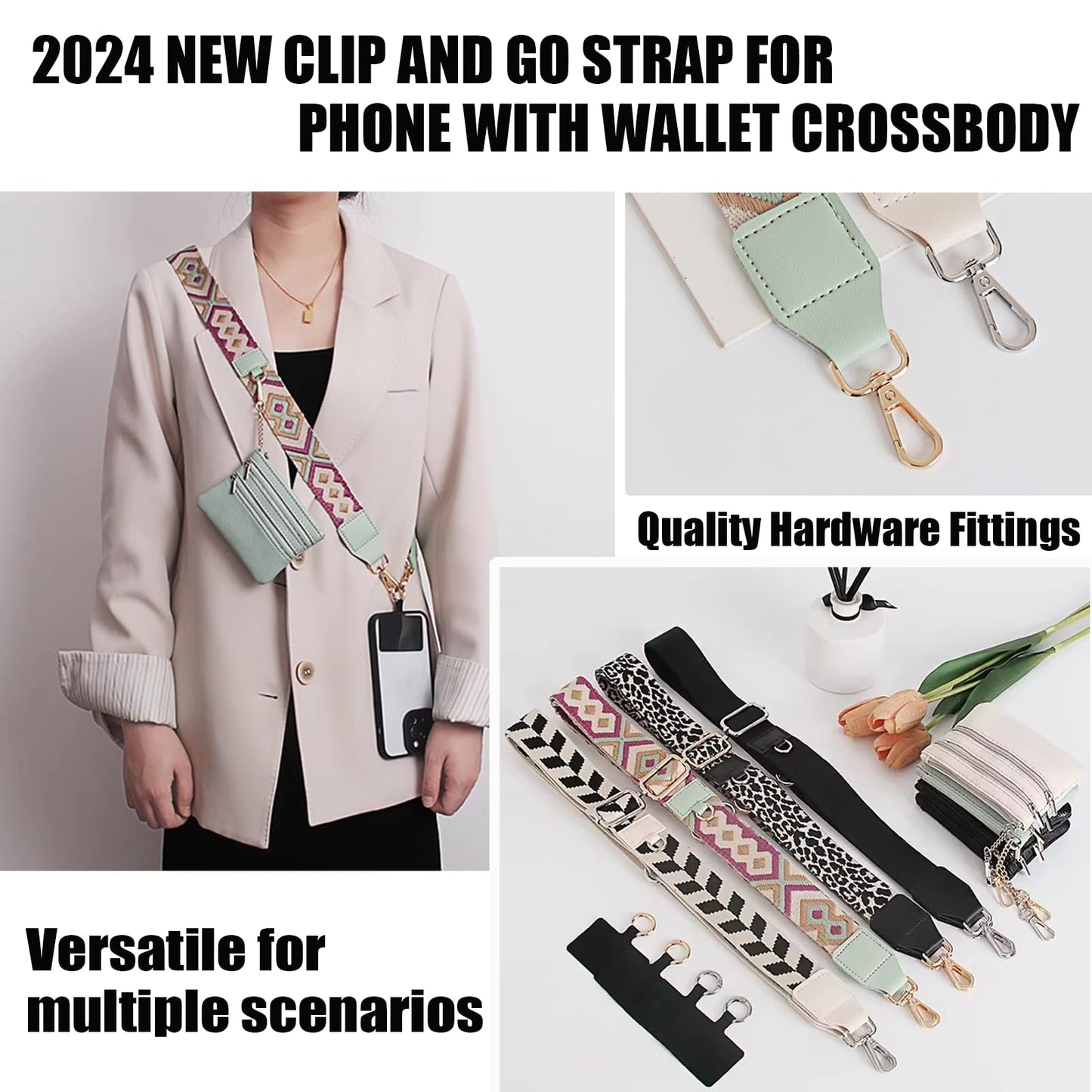 Yewmow Phone Strap with Zippered Pouch,Clip and Go Strap for Phone with Wallet Crossbody,Adjustable Phone Strap Crossbody for Travel (C)