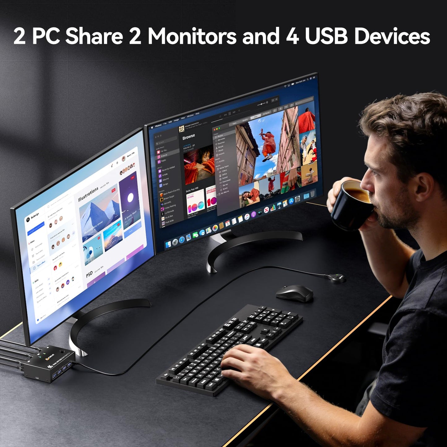 Displayport KVM Switch 2 Monitors 2 Computers 8K@30Hz 4K@144Hz, USB3.0 Dual Monitor KVM Switch for 2 Computers Share 2 Monitors and 4 USB