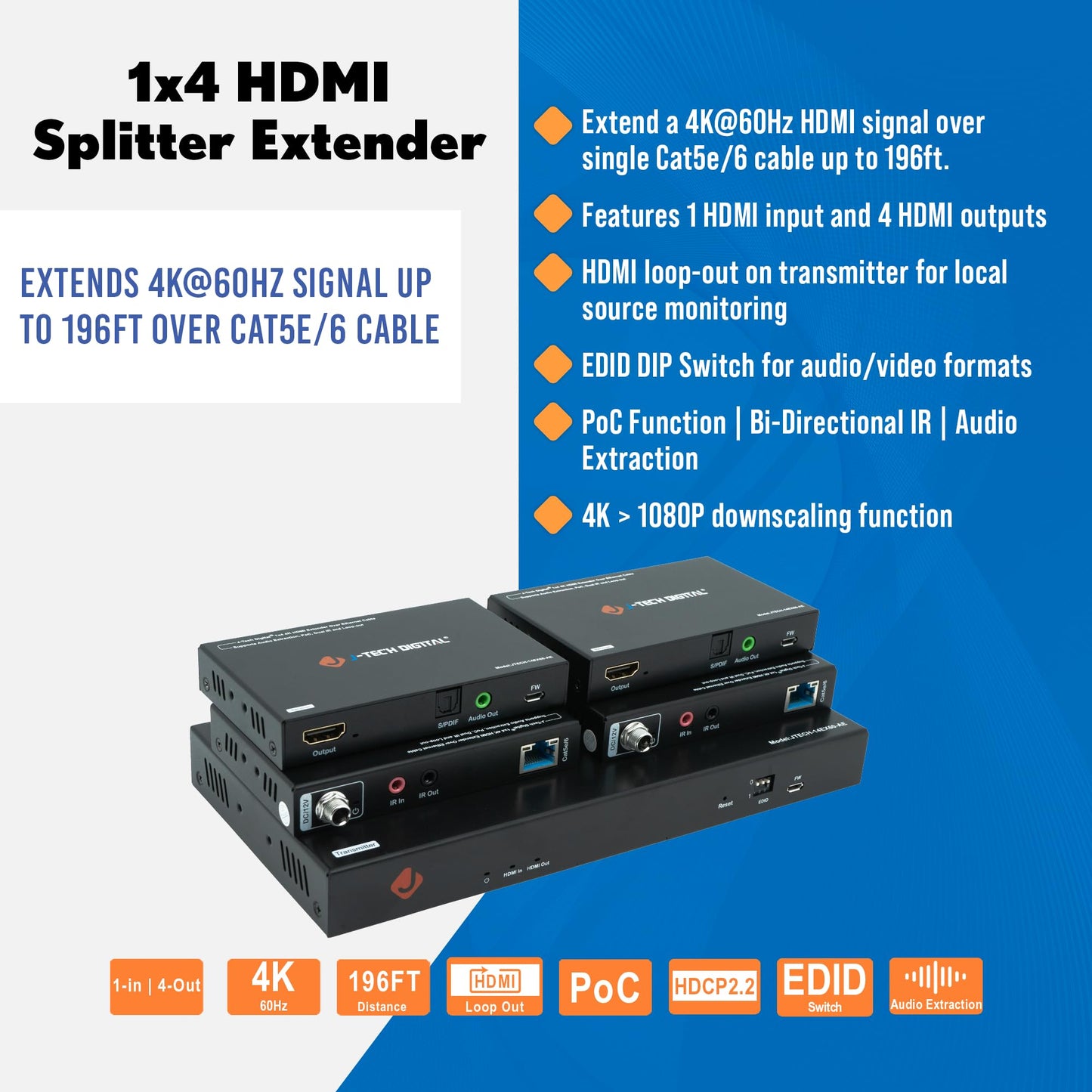 J-Tech Digital HDMI Extender Splitter 4K 60Hz 1 in 4 Out Over Single Cat5e/6 Ethernet Cable Up to 196ft. Supports 4K Downscale Audio Extraction PoC