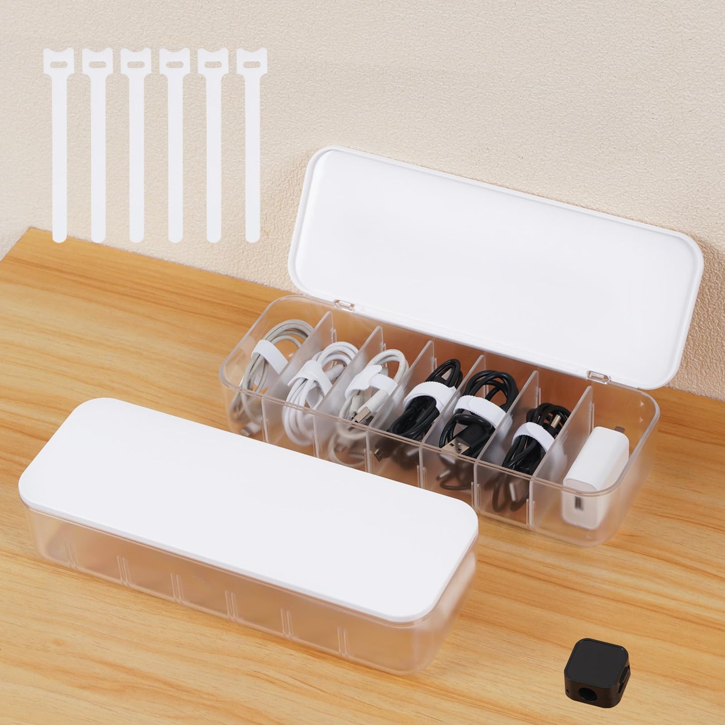 Asonen Cable Organizer Box with 14 Wire Ties and 6 Magnetic Cable Clips, Desktop Cord Management Box with Dividers and Lid for Home Office Storage