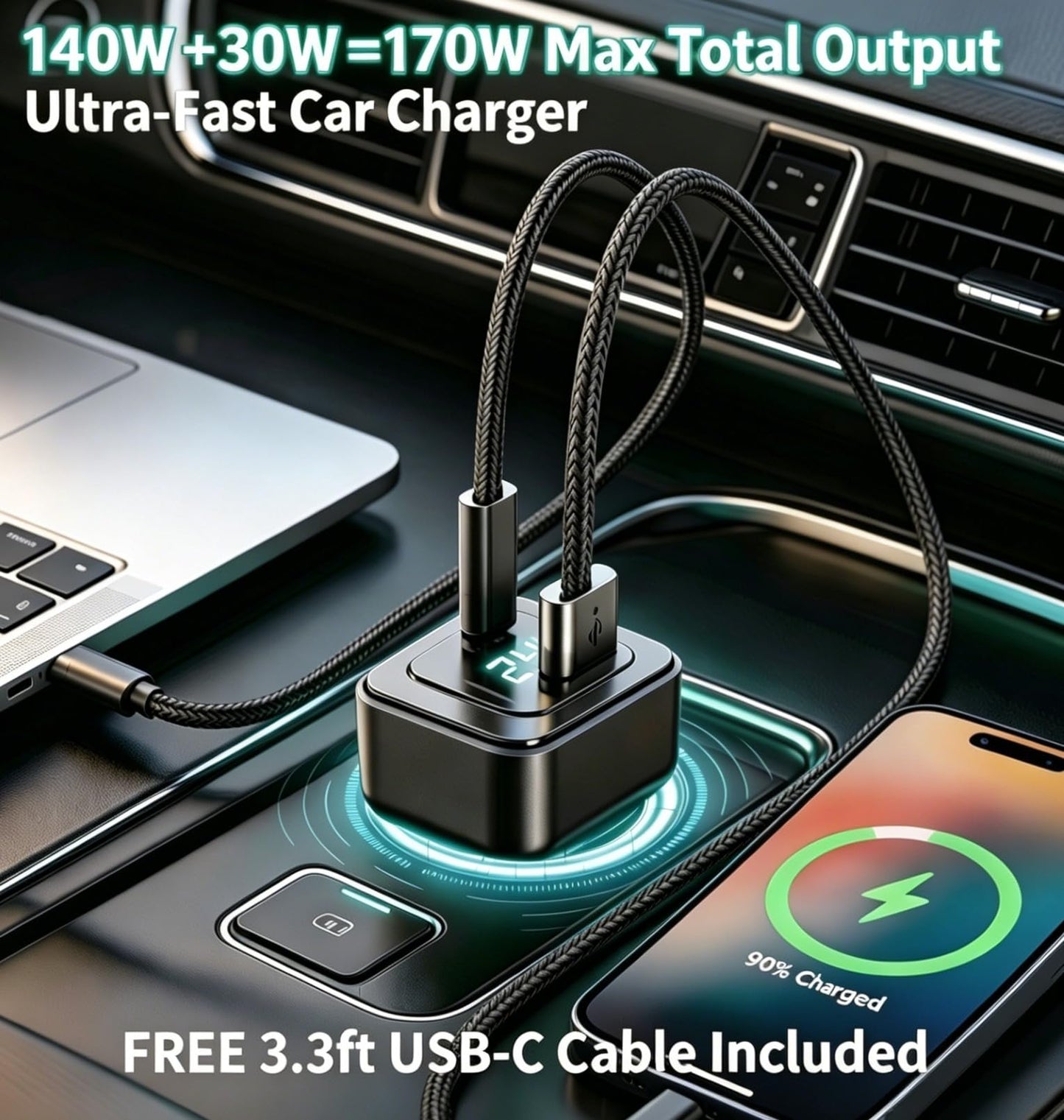 170W USB C Car Charger, PD3.1 140W + 30W Dual-Port Fast Charging Adapter with 240W USB-C Cable, Smart Digital Voltage/Power Display, 12V-24V