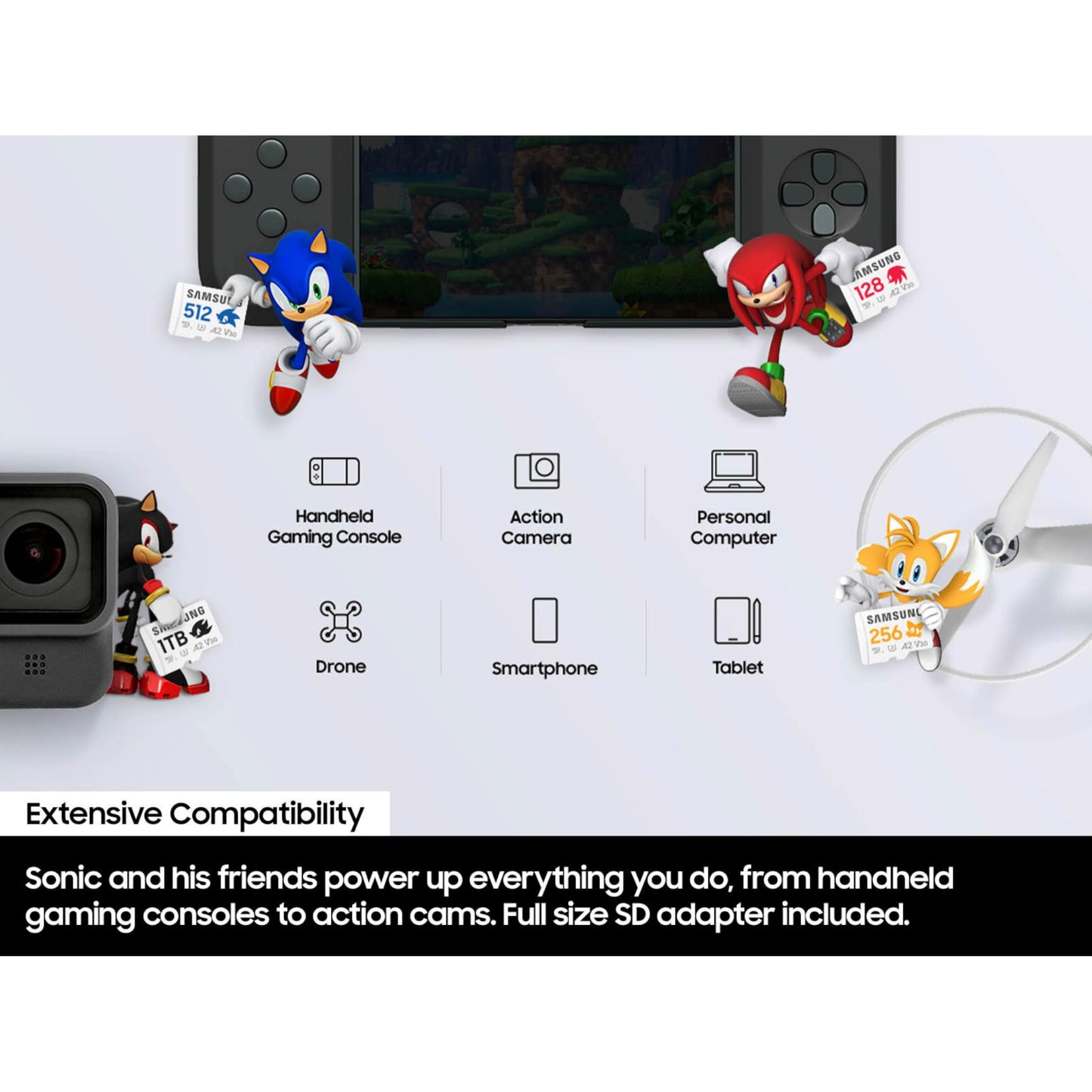 Samsung PRO Plus Sonic The Hedgehog + Adapter, 128GB microSDXC, Up-to 180MB/s, Full HD & 4K UHD, UHS-I, C10, U3, V30, A2, for Nintendo-Switch, Steam