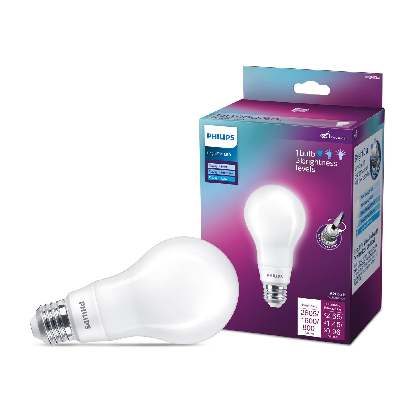 PHILIPS LED 150-100-60W A21 1-Pack BrightDial Daylight (5000K) 2605-1600-800 Lumen (22-12-8W = 150-100-60W) Frosted Flicker-Free Light Bulb