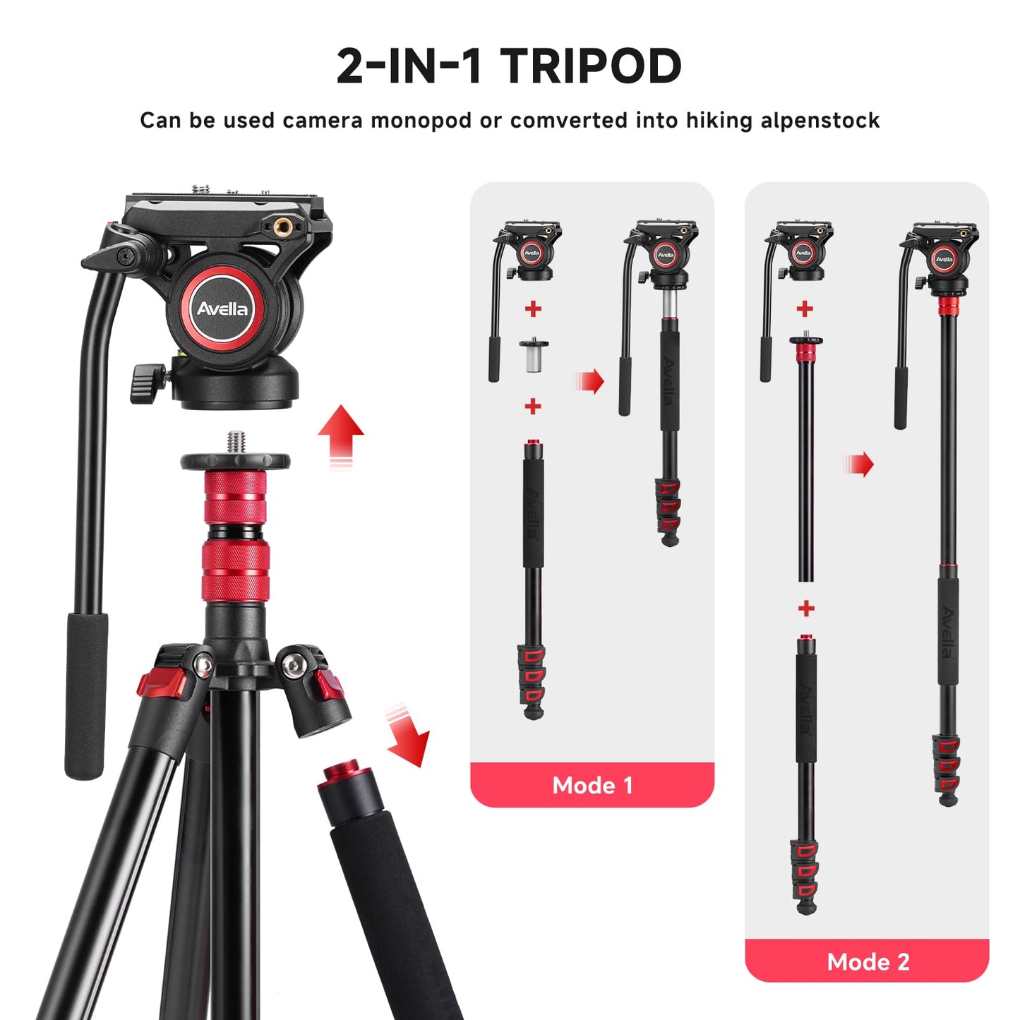 Avella A154P Video Tripod, Video Camera Tripod Monopod Aluminium Alloy 78.3 inch for Canon Nikon Sony Olympus Panasonic DSLR Camera