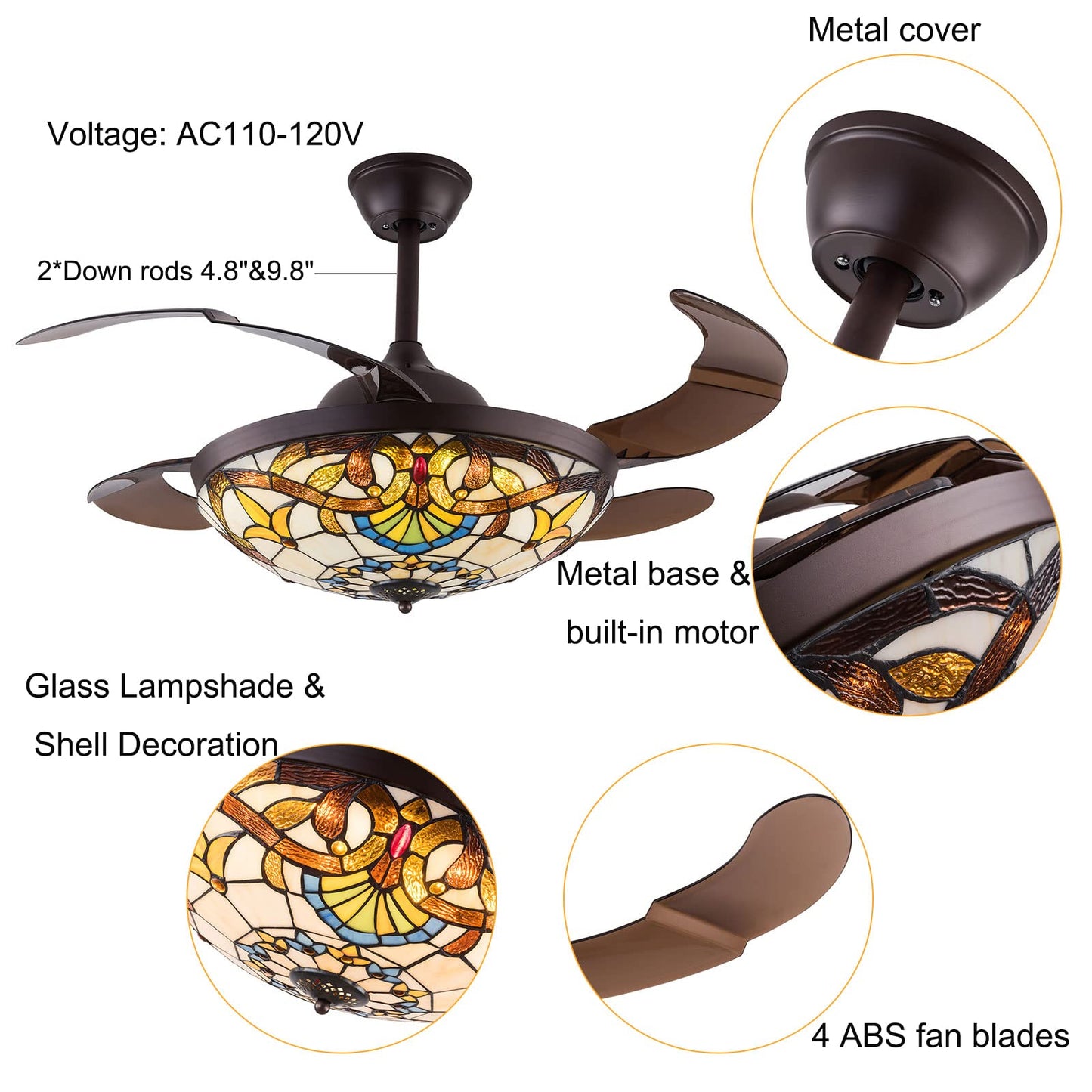 42 Inch Ceiling Fan with Light Classic LED Chandelier Remote Control Retractable Blades 3 Speeds 3 Light Changes Pendant Light, Silent Motor