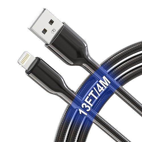 13Ft Metal Lightning Cable Pets Chew Proof iPhone Charger Cord - MFi Heavy Duty Metal Braided Cable Dog Puppy Cat Proof Cord with 3A Fast Charging…