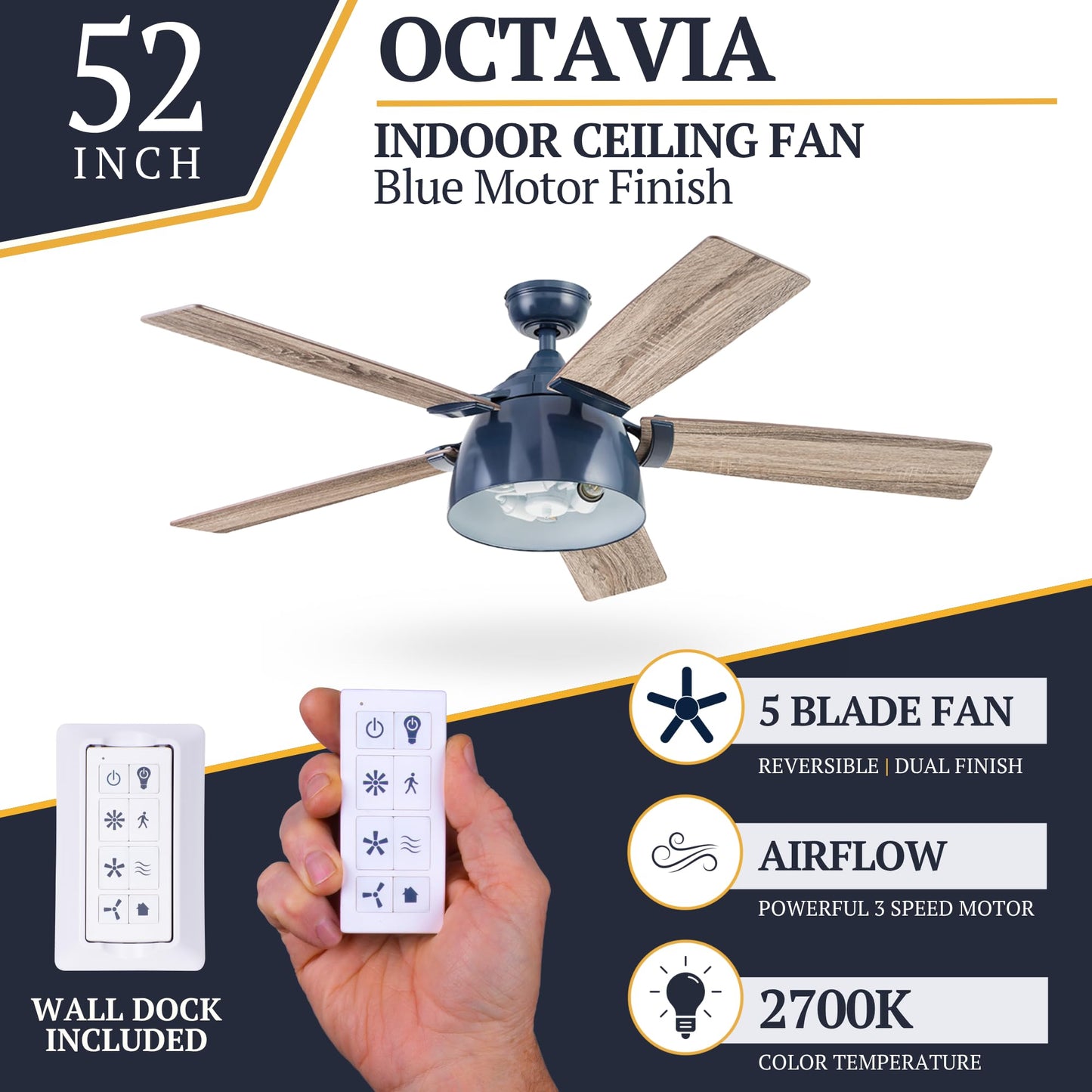 Prominence Home Octavia, 52 Inch Industrial Style LED Ceiling Fan with Light, Remote Control, Dual Mounting Options, 5 Dual Finish Blades, Reversible