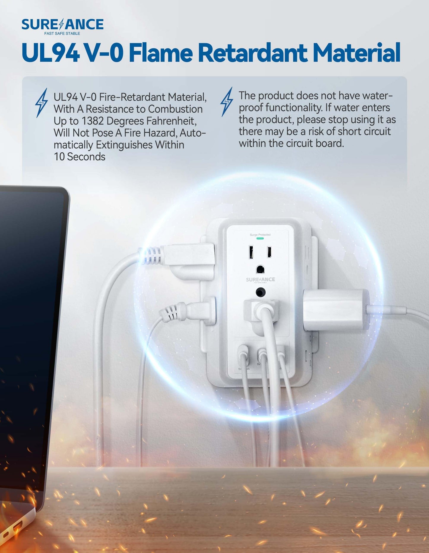 Multi Plug Wall Outlet, SUREANCE 6-Outlet Extender with Night Light, 3 USB Ports, 3-Sided Power Strip with Adapter Spaced Outlets,1050J Wall Charger