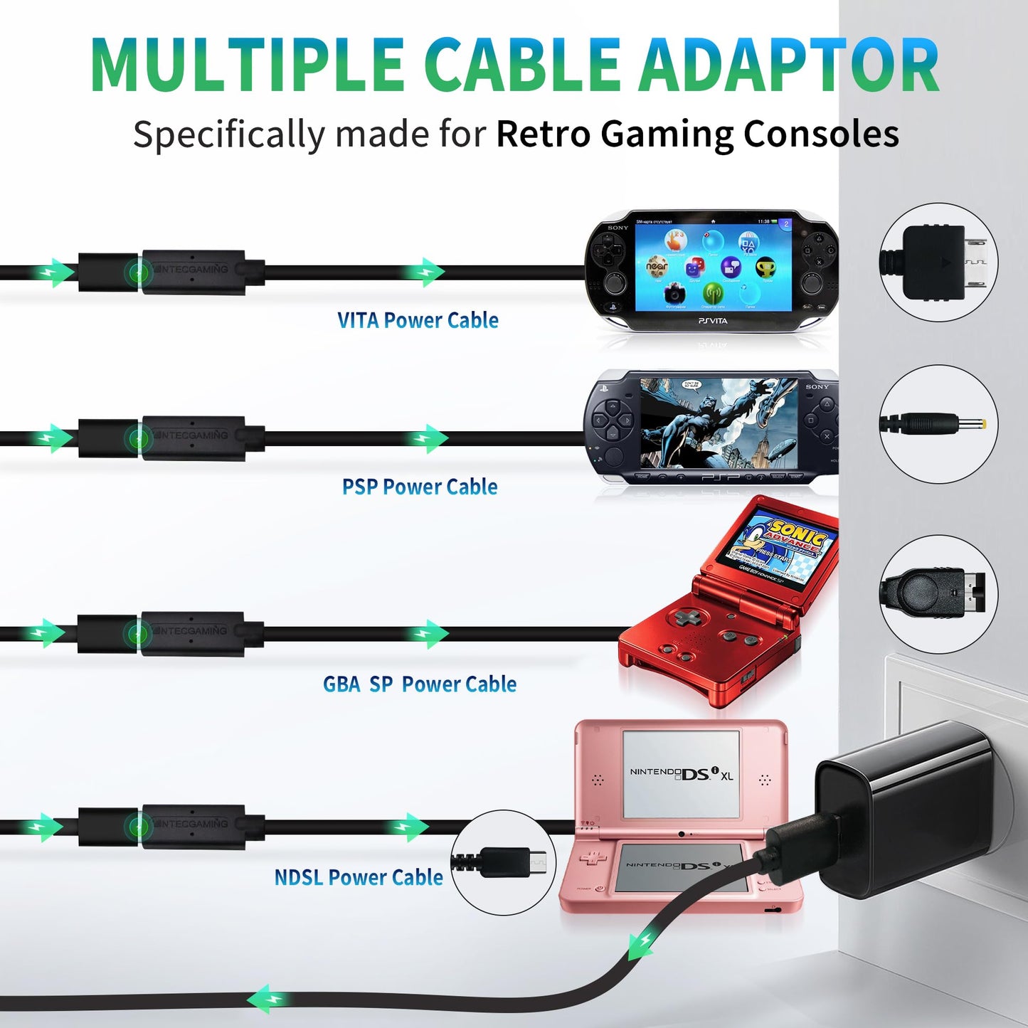 Retro Game Console Power Supply Kit - Multiple Interfaces, Free Conversion - Compatible with VITA1/VITA2/NDSL/Wii-U-pad/3DS/PSP/GBA SP/GBM/PSP GO/GB