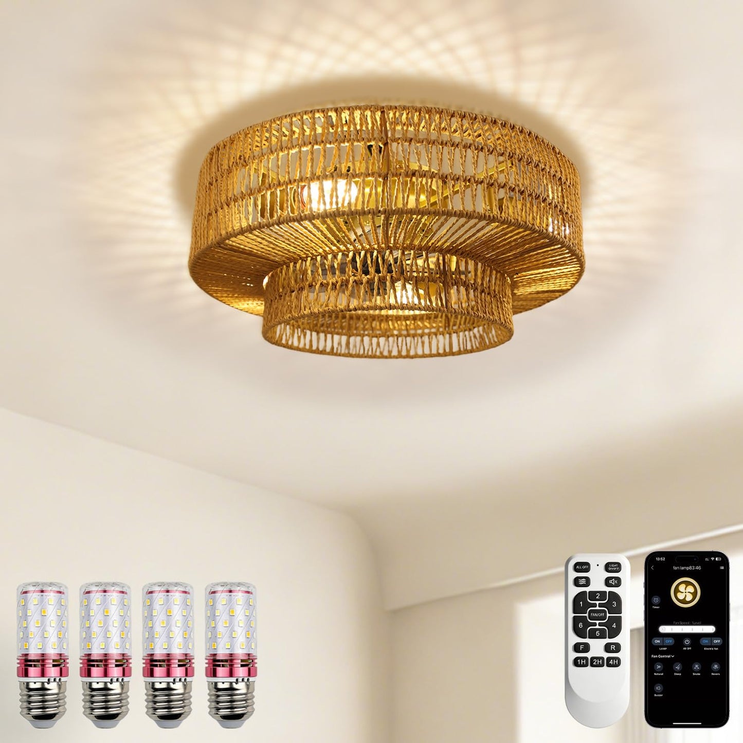 WUTGHUI Boho Ceiling Fan with Light and Remote,Rattan Fandelier Ceiling Fan with Light with 3 Mode Lighting and E26 Bulbs for Bedroom, Nursery, Garage