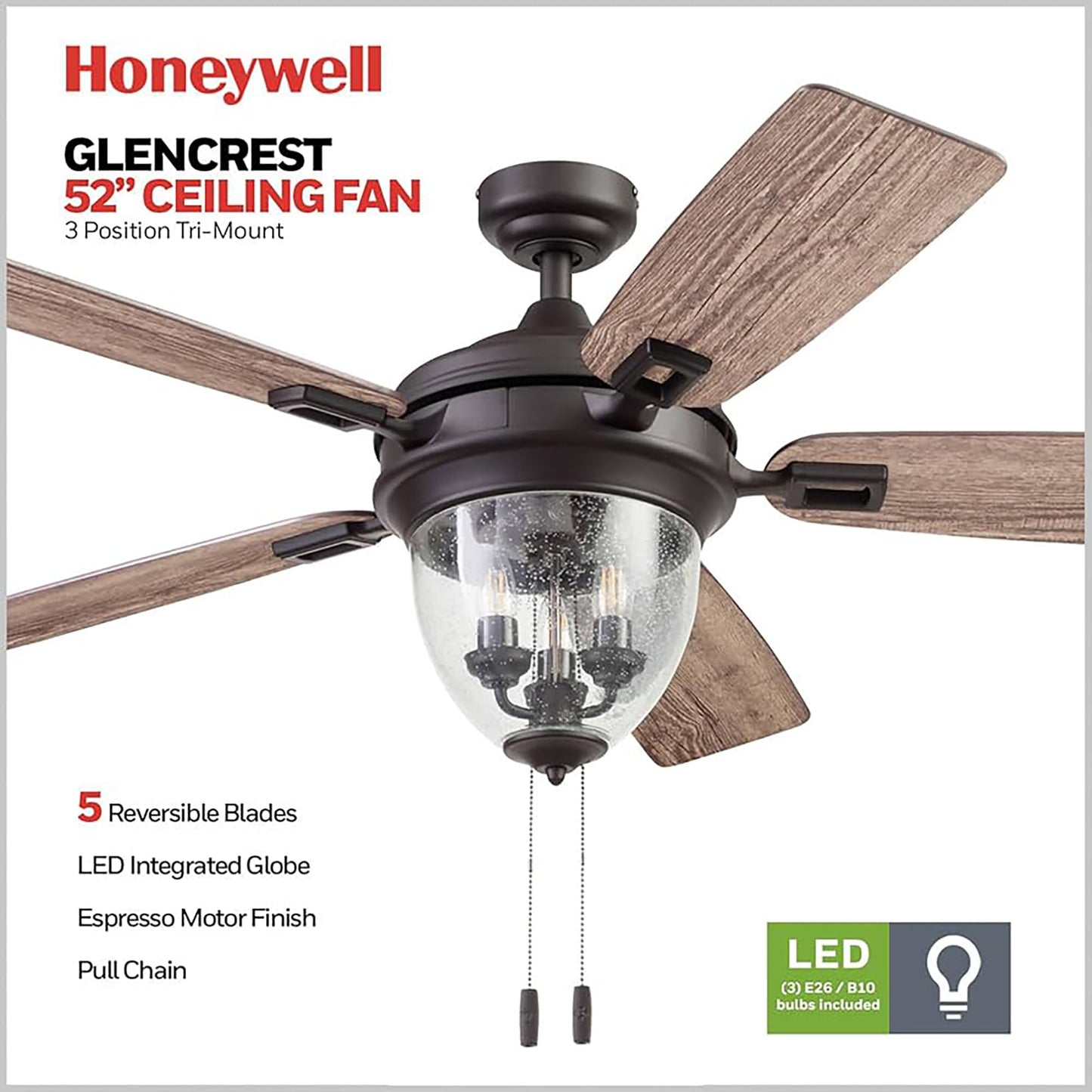 Honeywell Ceiling Fans Glencrest, 52 Inch Indoor Outdoor LED Ceiling Fan with Light, Pull Chain, Dual Mounting Options, ETL Damp Rated, Dual Finish